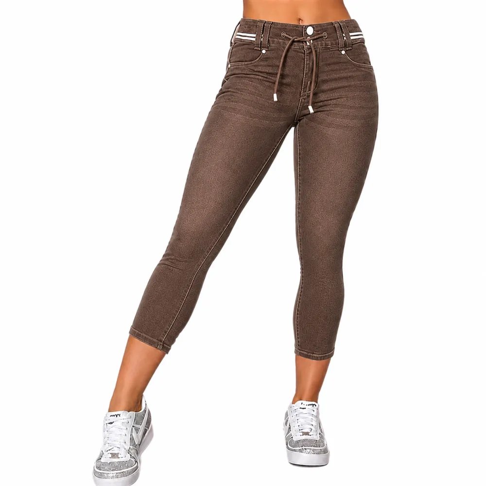 Wash Contrast Binding Double Button Drawstring Mid Waist Capri Jeans Fit Pants High Stretch Women's Bottoms Streetwear Style