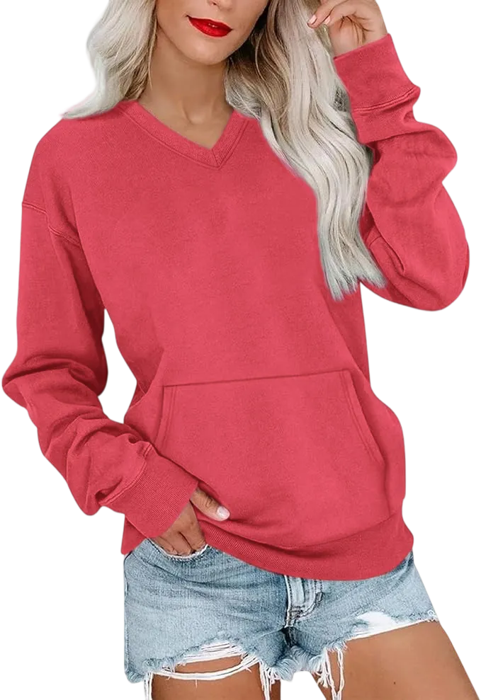 Women's V-Neck Fleece Sweatshirt – Oversized, Pocket, No Hood, Soft & Comfy