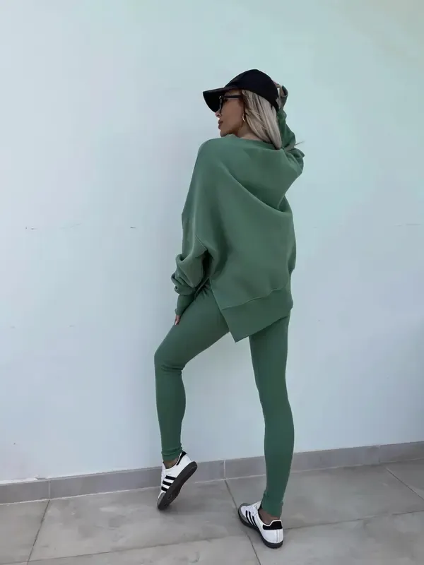 Women's Solid Drop Shoulder Split Hem Sweatshirt & Pants Two-piece Set