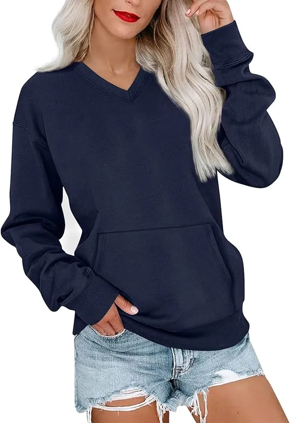 Women's V-Neck Fleece Sweatshirt – Oversized, Pocket, No Hood, Soft & Comfy