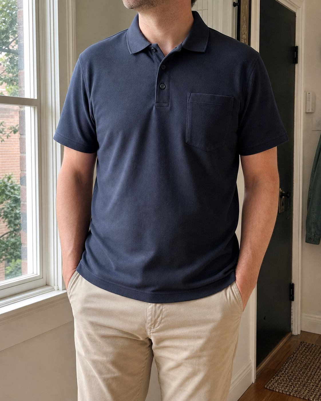 Midsize model wearing the Midnight Navy classic-fit piqué pocket polo shirt in an apartment entryway beside a window