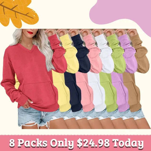 Women's V-Neck Fleece Sweatshirt – Oversized, Pocket, No Hood, Soft & Comfy