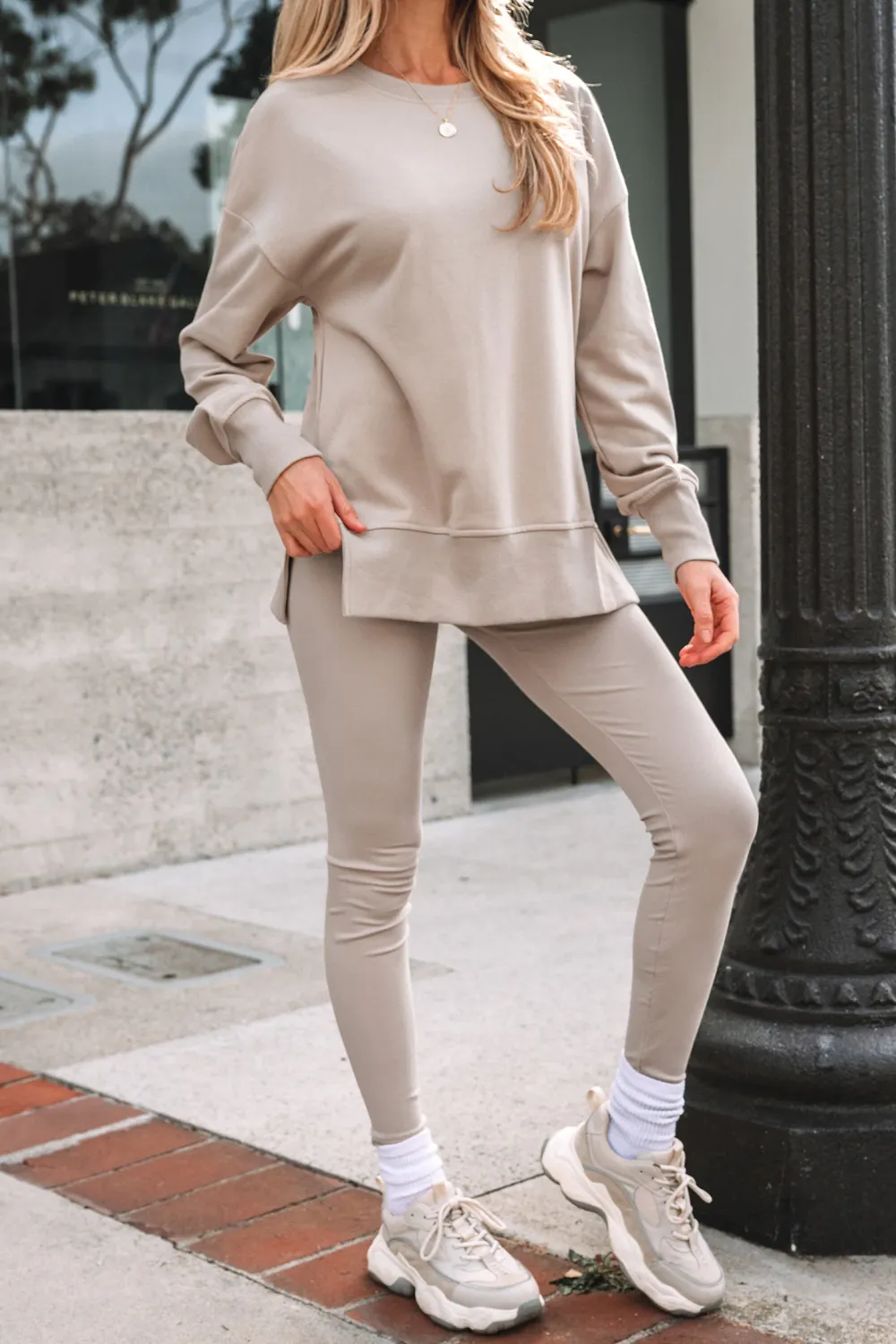 Women's Solid Drop Shoulder Split Hem Sweatshirt & Pants Two-piece Set