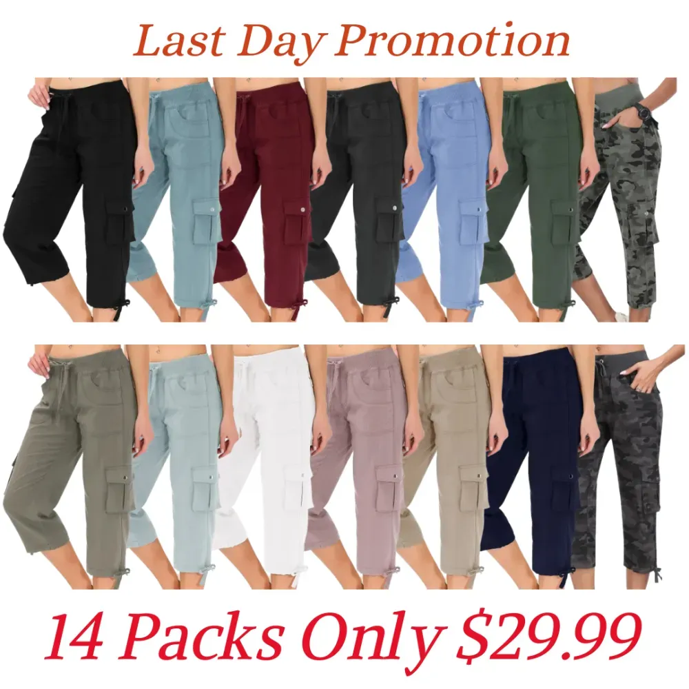 8-Pack Womens Cargo Capris Lightweight Hiking Pants Shorts Cropped Cotton