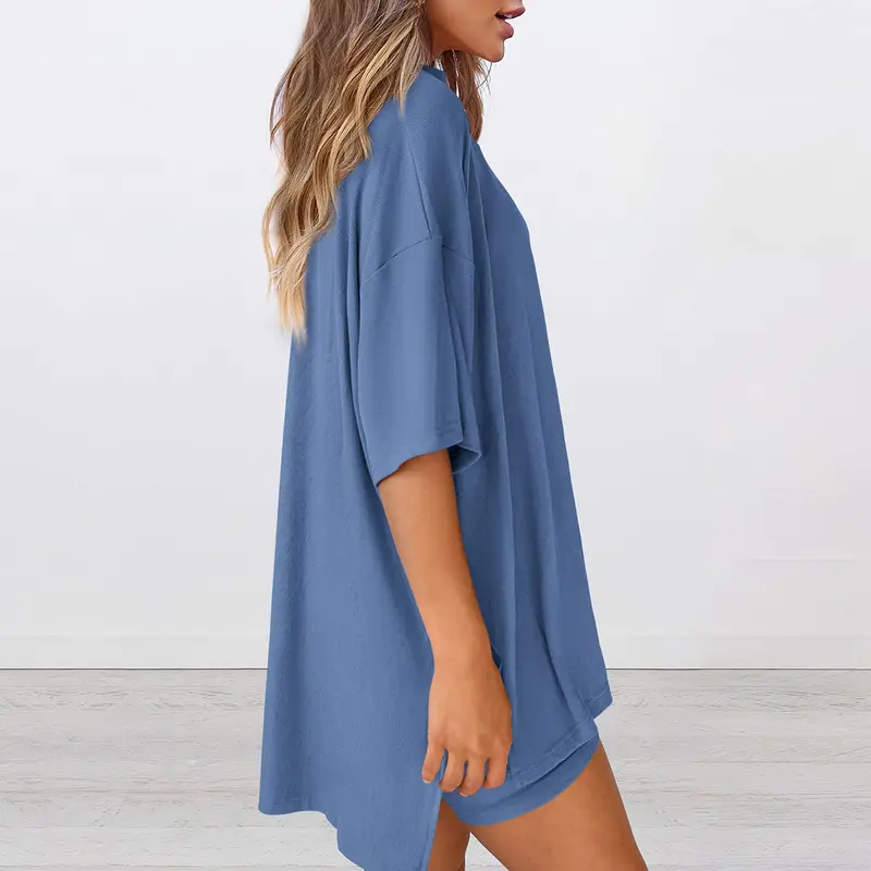 Women's Two Piece Lounge Set 2026 Summer Casual Oversized Shirts Biker Shorts Matching Airport Travel Outfit
