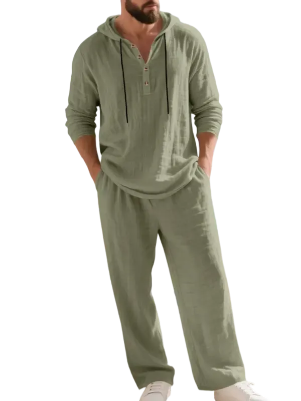 Linen Men's Hooded Casual Loose Top & Pants 2-Piece Set