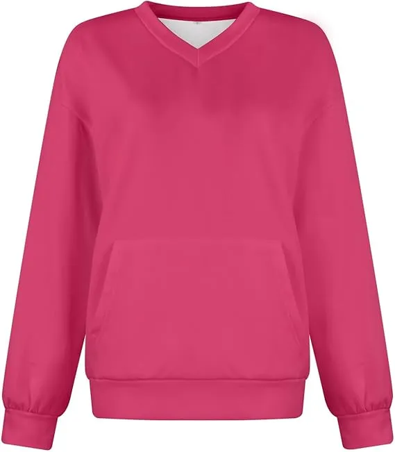 Women's V-Neck Fleece Sweatshirt – Oversized, Pocket, No Hood, Soft & Comfy
