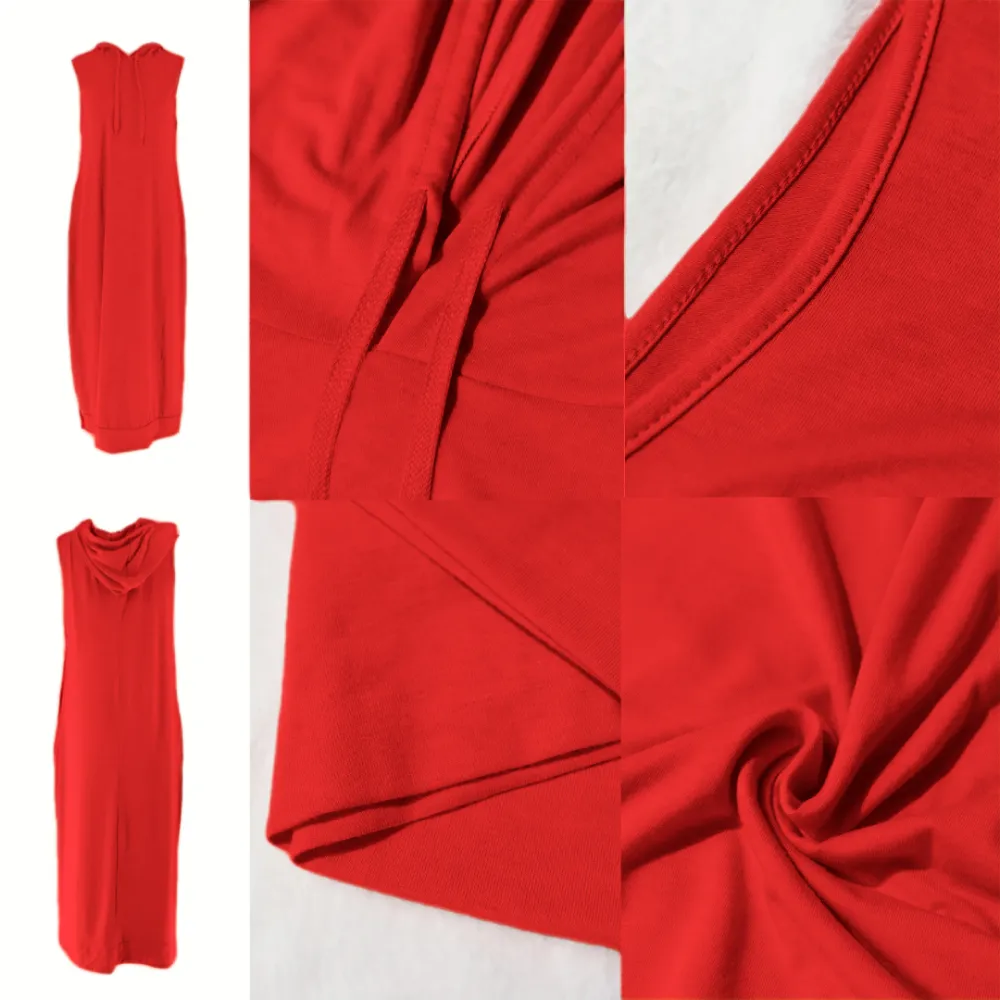 Women's Plain Drawstring Hooded Tank Dress, Casual Pocket Sleeveless Maxi Dress for Summer, Fashion Women's Clothing for Daily Wear