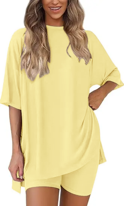 Women's Two Piece Lounge Set 2026 Summer Casual Oversized Shirts Biker Shorts Matching Airport Travel Outfit