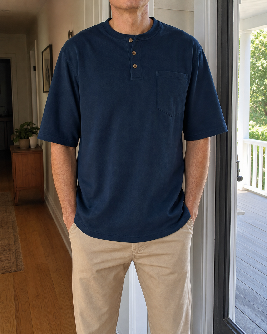 Tall model wearing the midnight navy three-button pocket Henley at a bright home entry