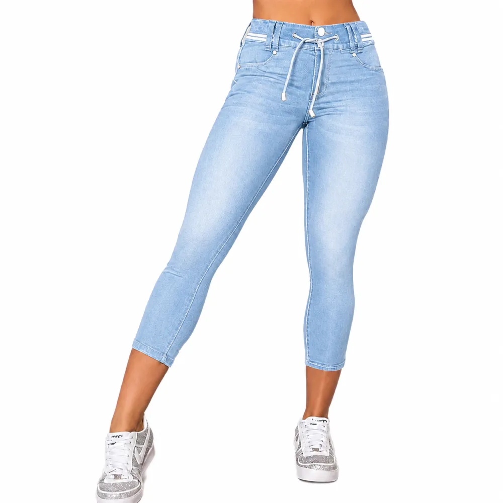 Wash Contrast Binding Double Button Drawstring Mid Waist Capri Jeans Fit Pants High Stretch Women's Bottoms Streetwear Style