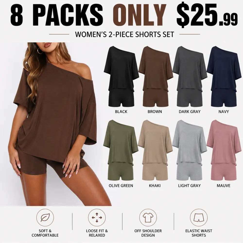 Women’s Shoulder Lounge Set – Comfy Shorts & Top