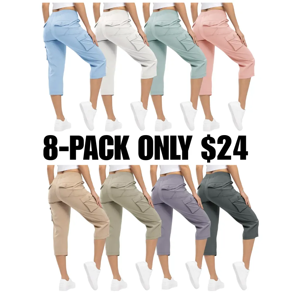 8-Pack Womens Cargo Capris Lightweight Hiking Pants Shorts Cropped Cotton