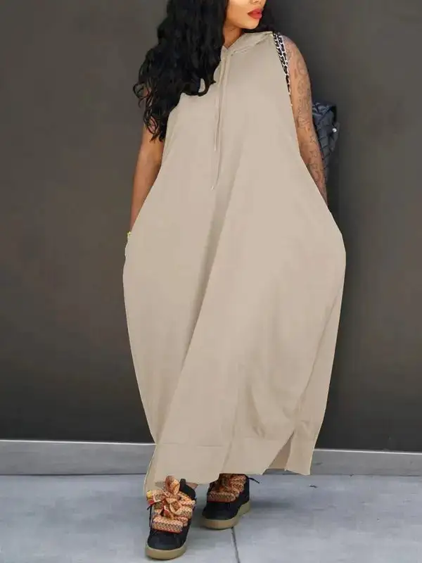 Women's Plain Drawstring Hooded Tank Dress, Casual Pocket Sleeveless Maxi Dress for Summer, Fashion Women's Clothing for Daily Wear