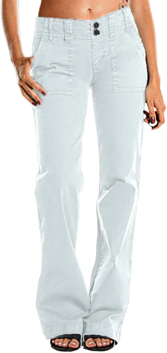 Double Button Mid Waist Straight Leg Pants