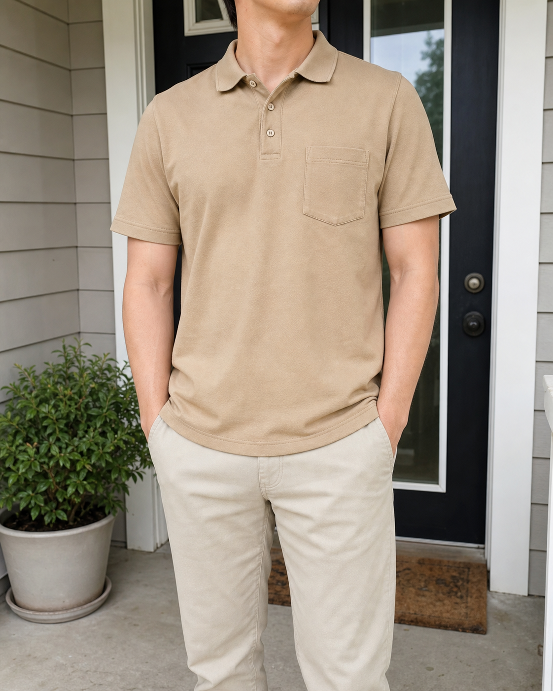 Compact build model wearing the Desert Sand classic-fit piqué pocket polo shirt on a covered front porch