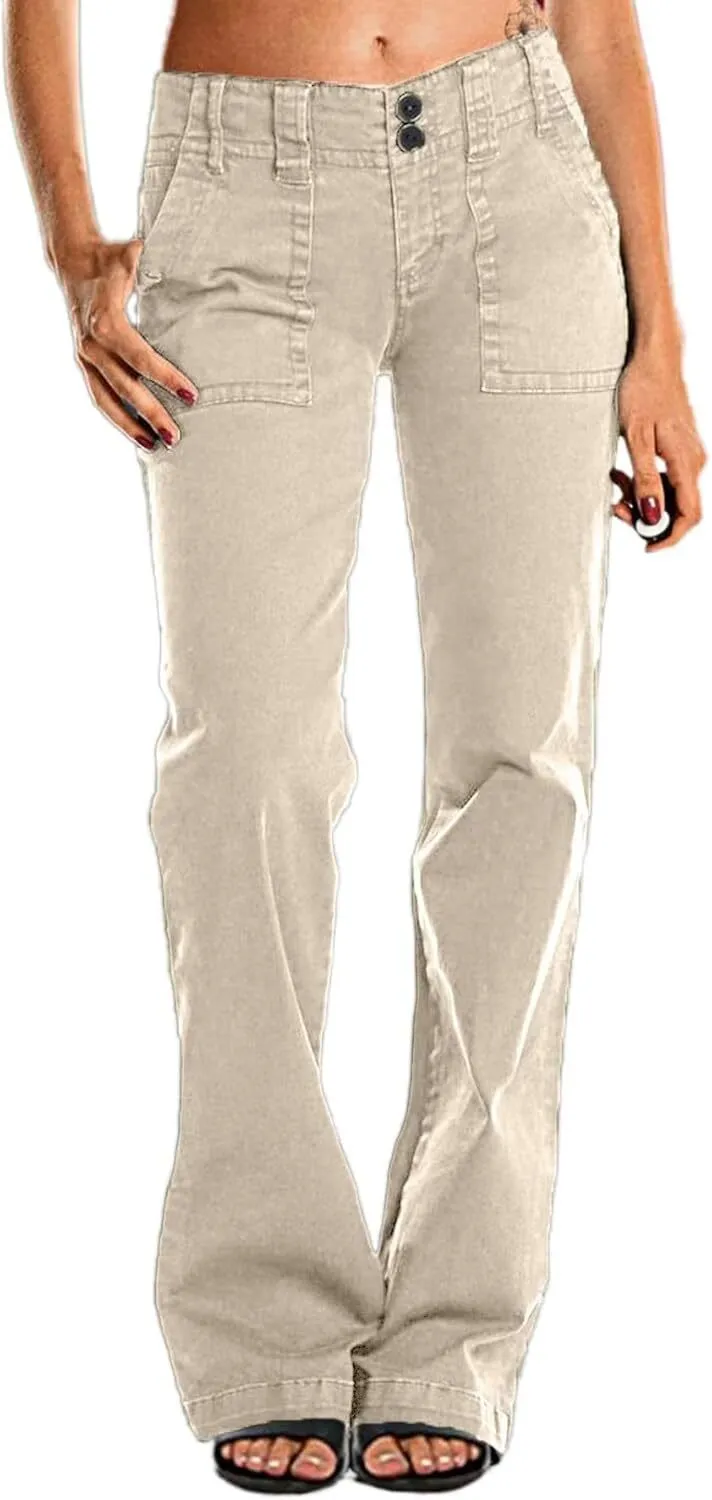 Double Button Mid Waist Straight Leg Pants