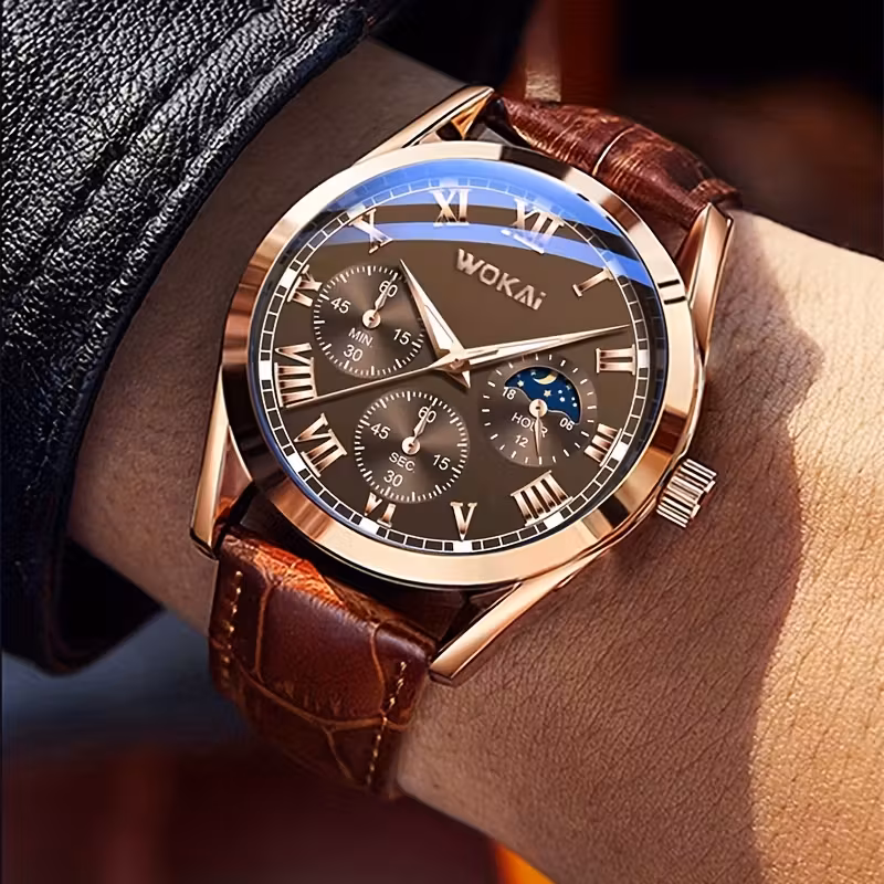 fashion mens sports watch brown faux leather strap quartz non waterproof battery powered electronic drive alloy case pointer display button battery 0