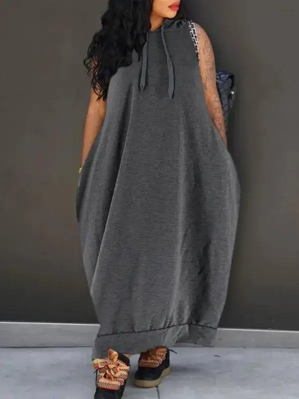 Women's Plain Drawstring Hooded Tank Dress, Casual Pocket Sleeveless Maxi Dress for Summer, Fashion Women's Clothing for Daily Wear