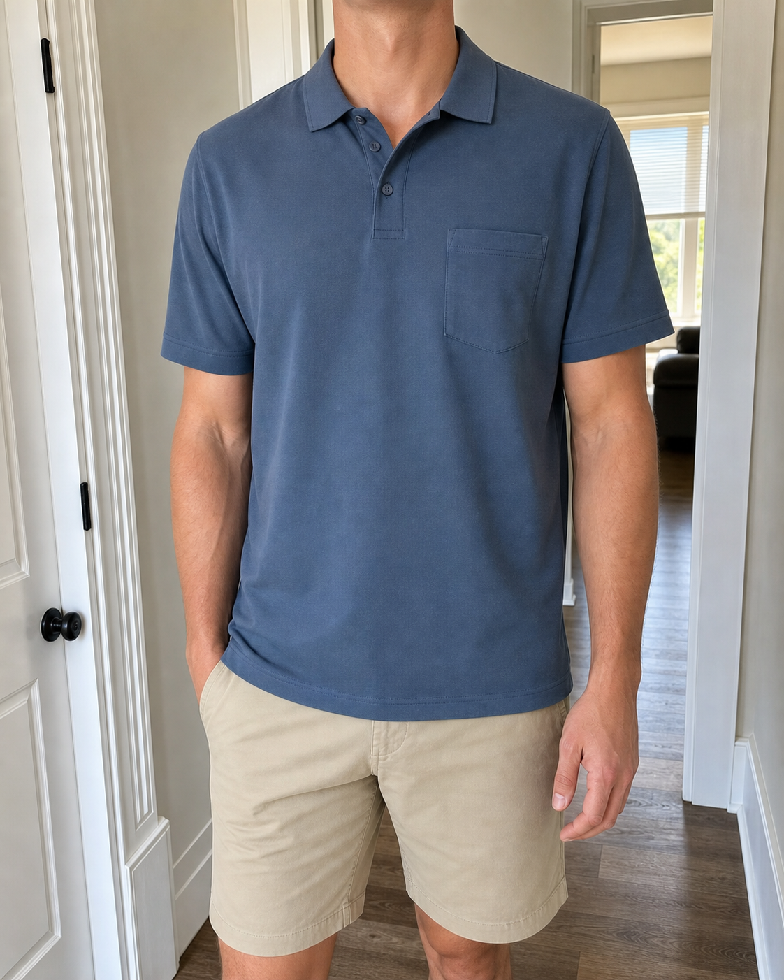 Tall model wearing the Steel Blue classic-fit piqué pocket polo shirt in a bright home hallway