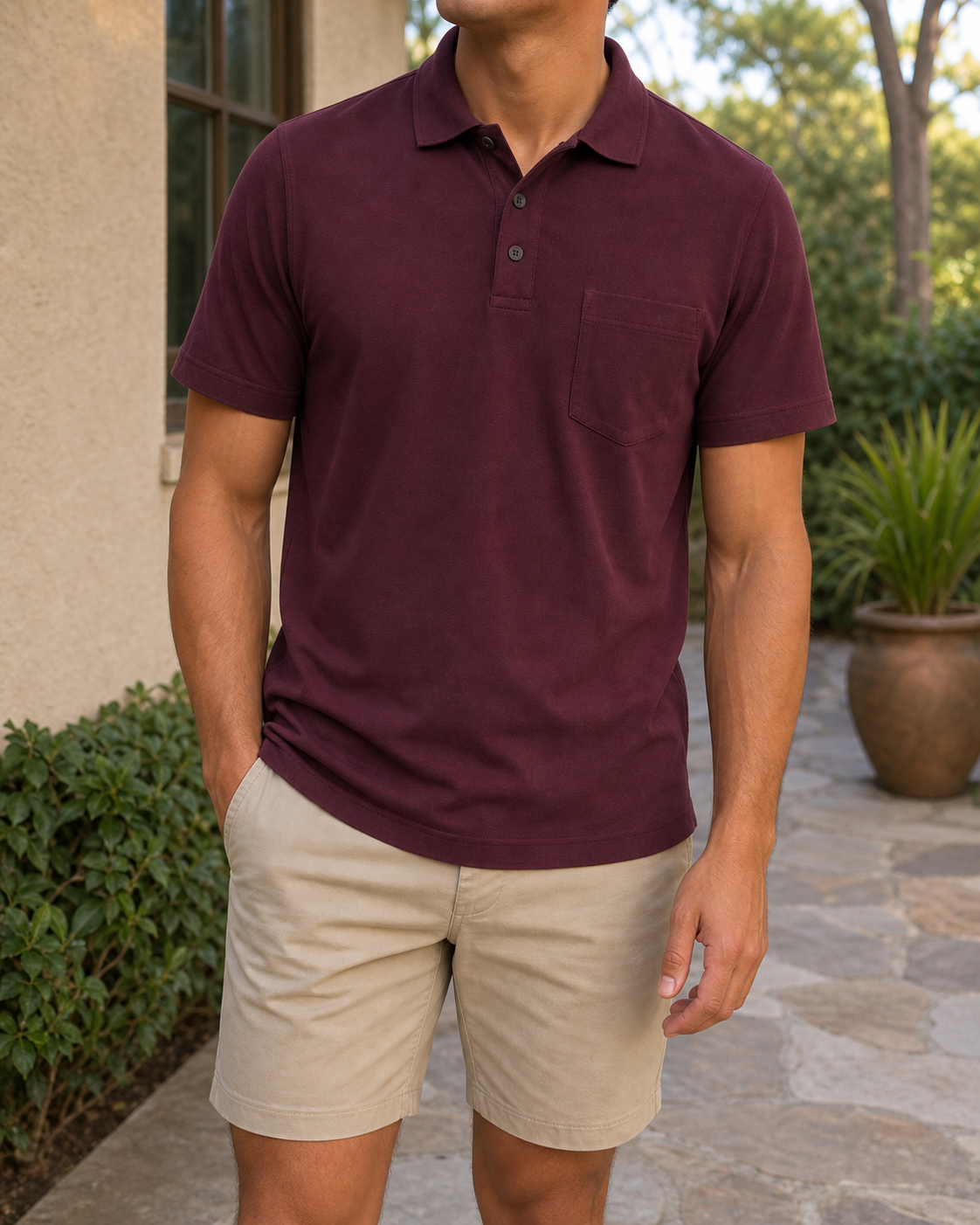 Athletic model wearing the Oxblood Burgundy classic-fit piqué pocket polo shirt on a garden patio walkway