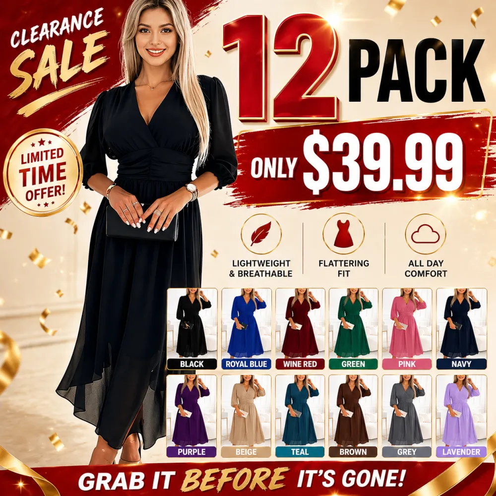 [XS-6XL]Women’s Lightweight Chiffon Dress V-Neck Elegant Casual Summer Dress