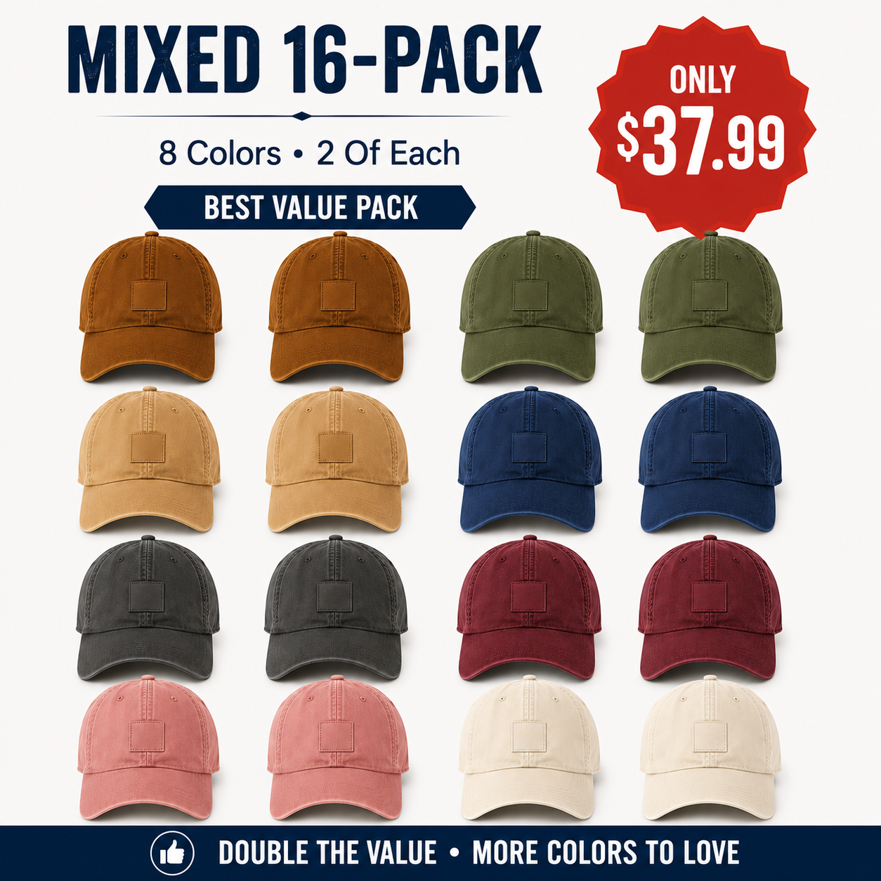 Adults wearing washed canvas baseball caps in eight colors
