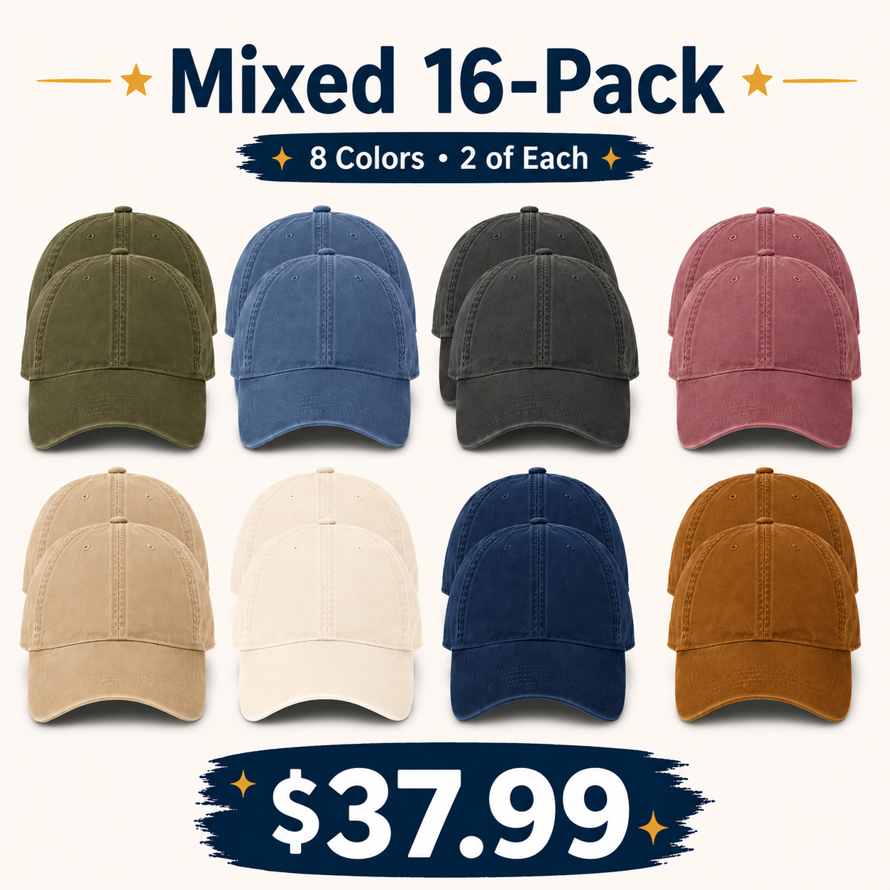 Mixed 16-Pack washed canvas adjustable baseball caps