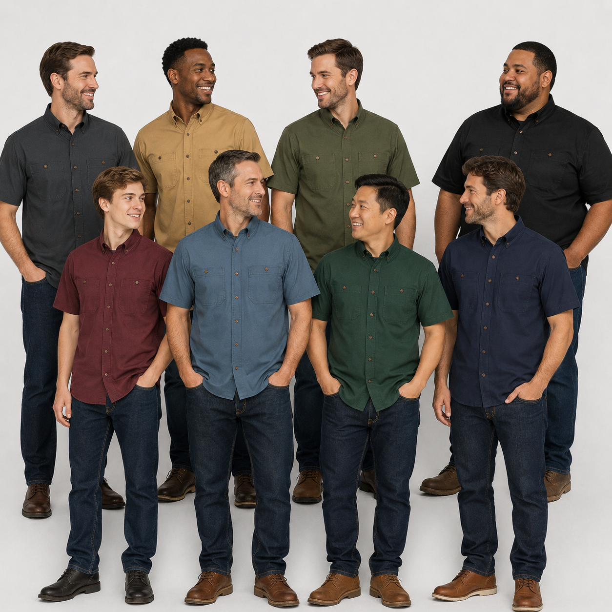 Eight adult men wearing the work shirt in all eight colors