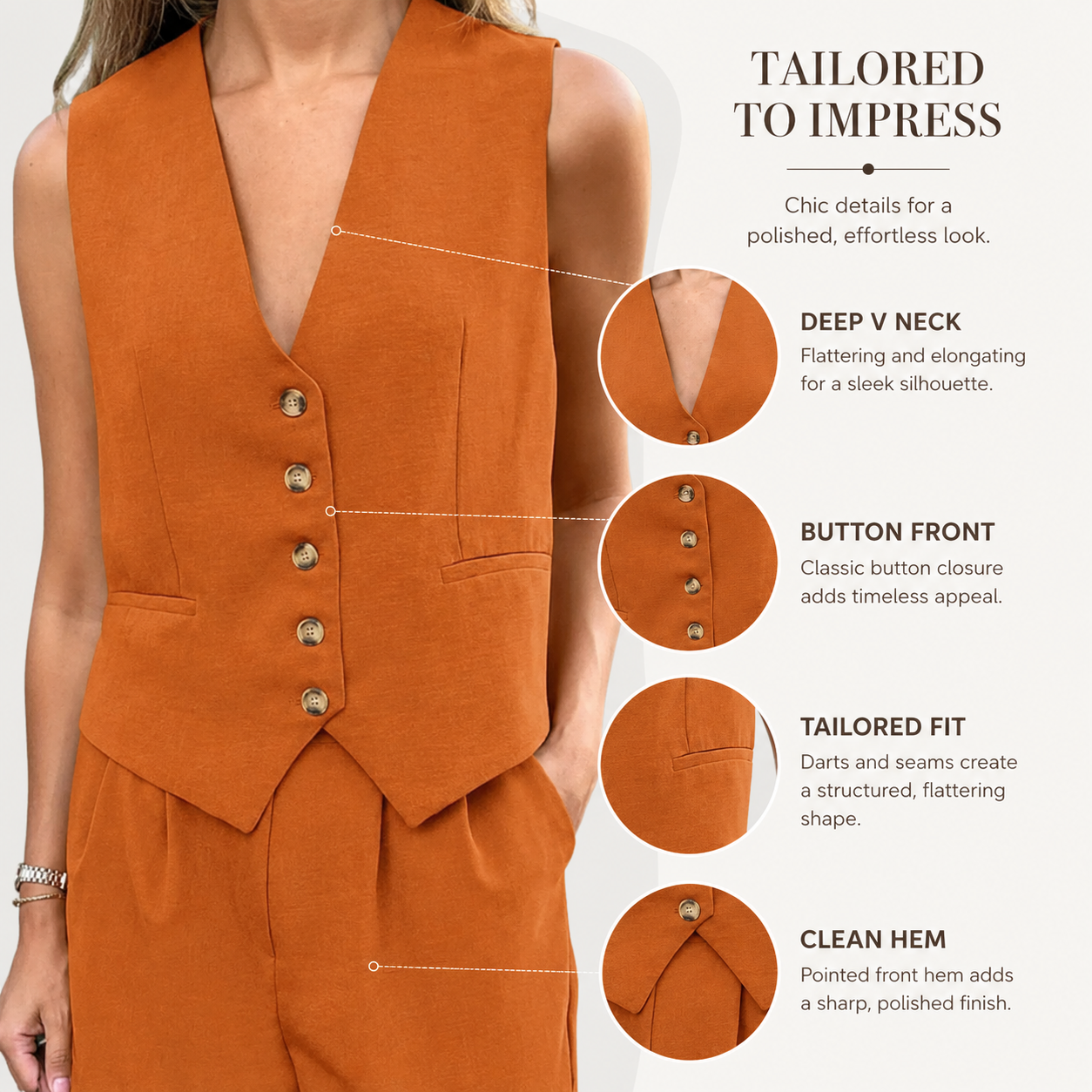 Deep V neck button front shaping seams and pointed hem details
