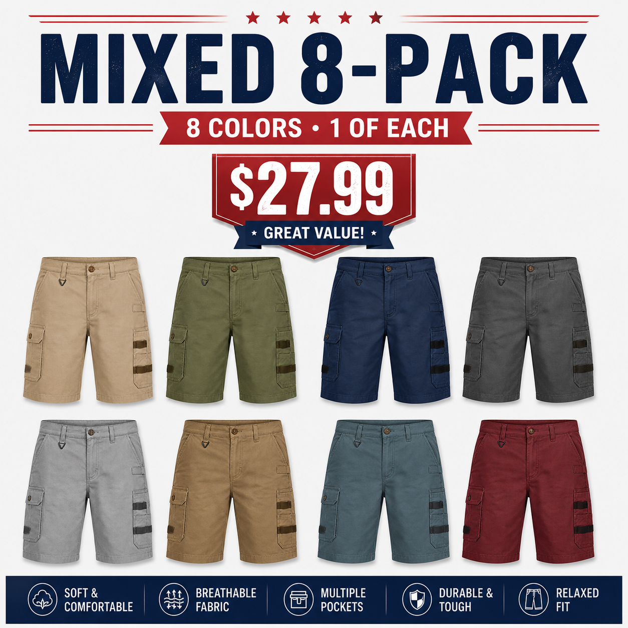 Mixed 8-Pack men's utility cargo shorts bundle