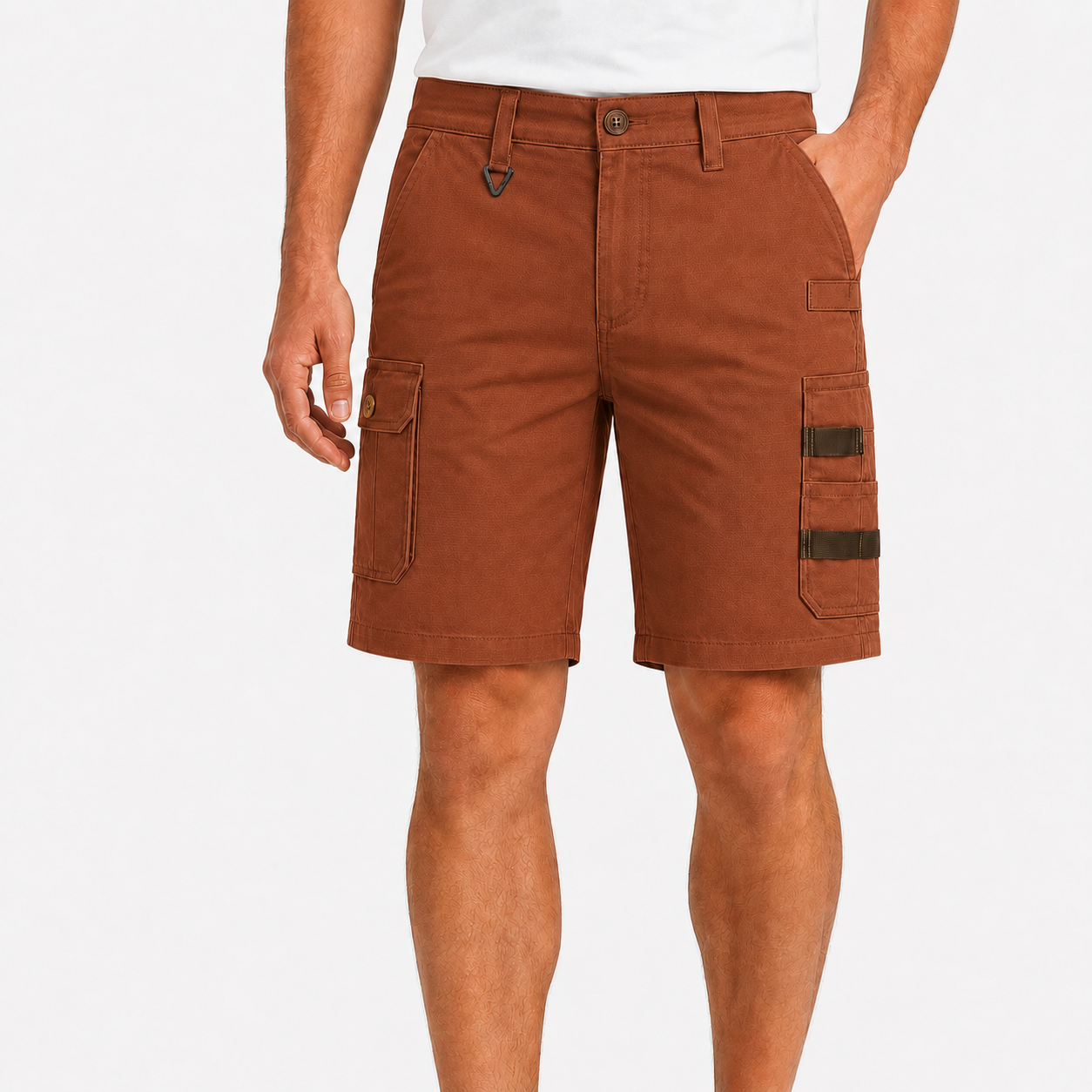 Rust Brown men's utility cargo shorts model image