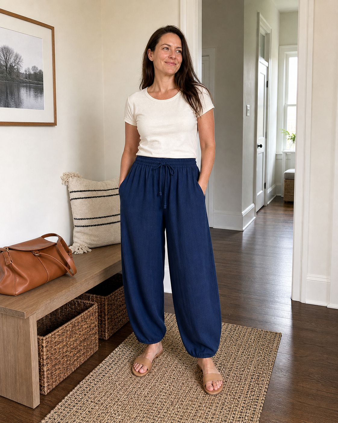 Tall model wearing navy linen-blend wide-leg palazzo pants in a bright apartment entry hallway