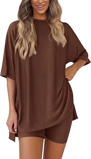 Women's Two Piece Lounge Set 2026 Summer Casual Oversized Shirts Biker Shorts Matching Airport Travel Outfit