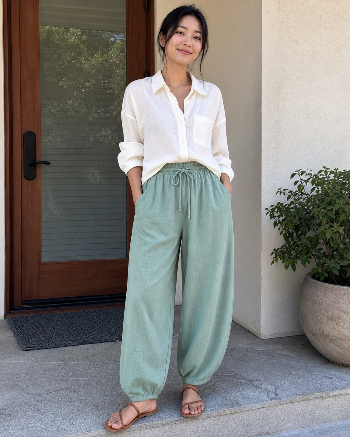 Petite model wearing sea-green linen-blend wide-leg palazzo pants at an outdoor home entry