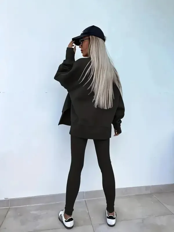 Women's Solid Drop Shoulder Split Hem Sweatshirt & Pants Two-piece Set