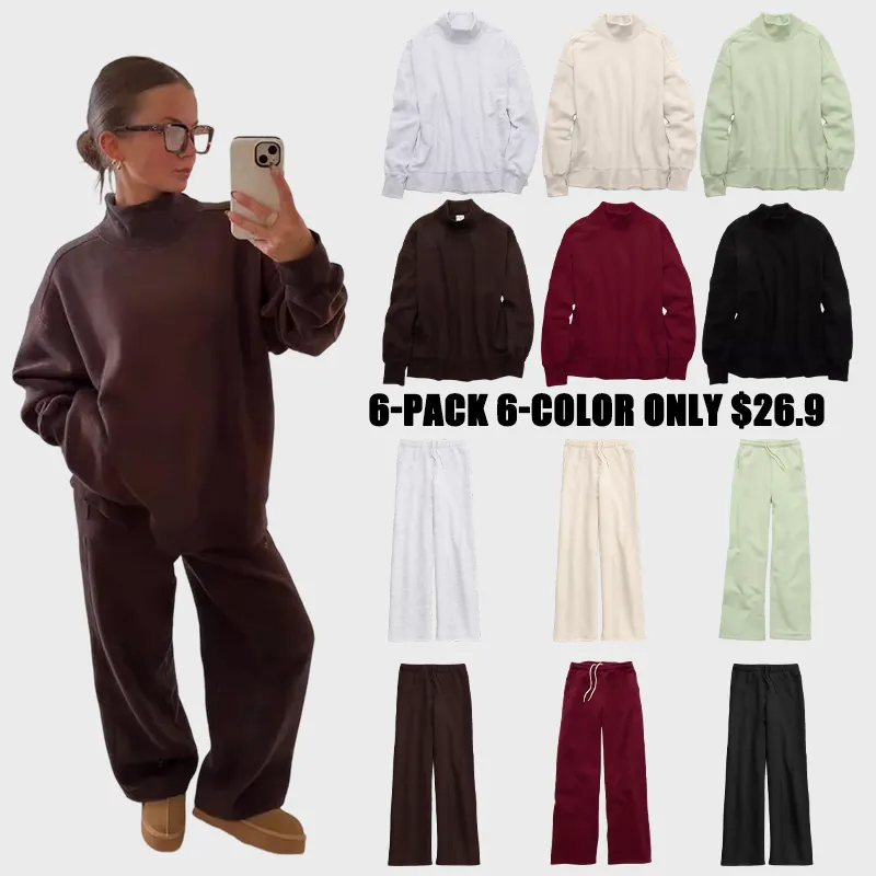 6-Color 6-Set - $26.9 Cloud Fleece Oversized Mockneck Sweatshirt+Barrel Sweatpant Matching Sets