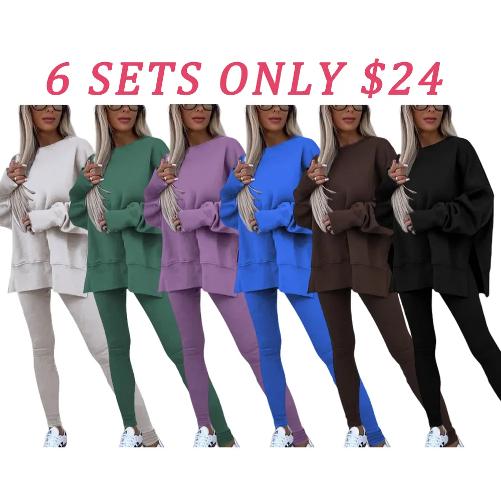 Women's Solid Drop Shoulder Split Hem Sweatshirt & Pants Two-piece Set