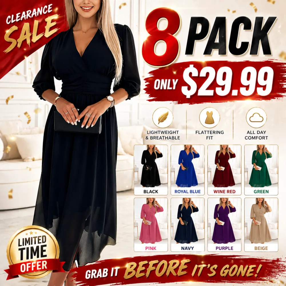 [XS-6XL]Women’s Lightweight Chiffon Dress V-Neck Elegant Casual Summer Dress