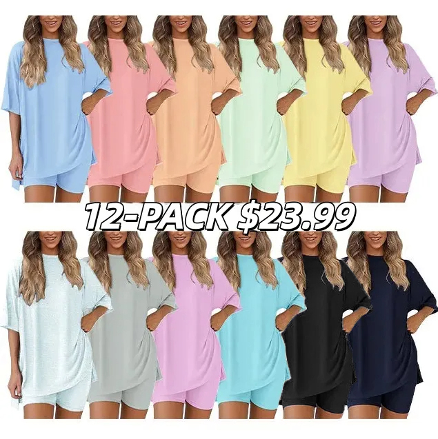 🔥Women's Two Piece Lounge Set 2026 Summer Casual Oversized Shirts Biker Shorts Matching Airport Travel Outfit