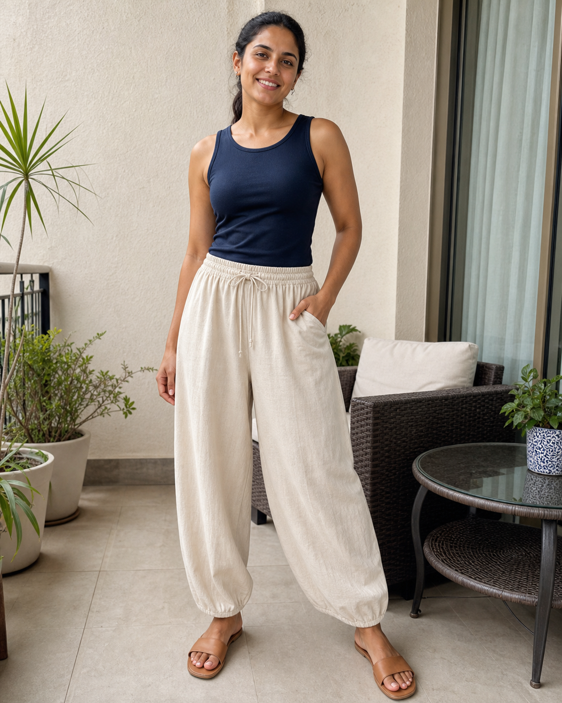Athletic model wearing light-khaki linen-blend wide-leg palazzo pants on an apartment patio