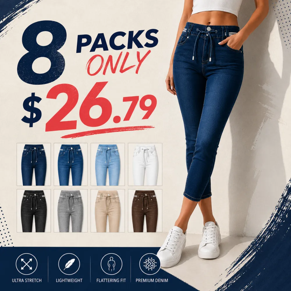 Wash Contrast Binding Double Button Drawstring Mid Waist Capri Jeans Fit Pants High Stretch Women's Bottoms Streetwear Style