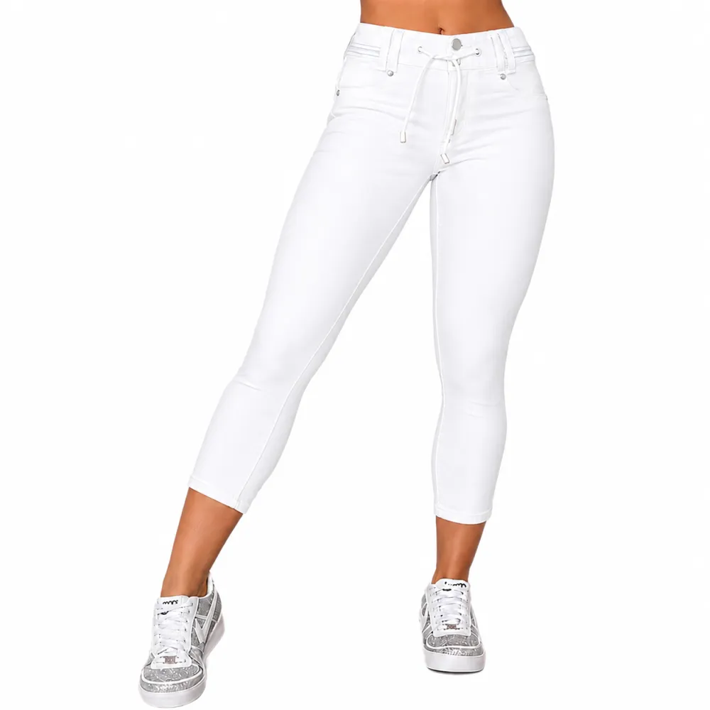Wash Contrast Binding Double Button Drawstring Mid Waist Capri Jeans Fit Pants High Stretch Women's Bottoms Streetwear Style