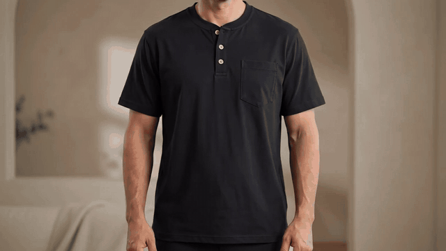 Black short-sleeve Henley shown on a model, followed by close views of the three-button placket, chest pocket, and a gently lifted straight hem.