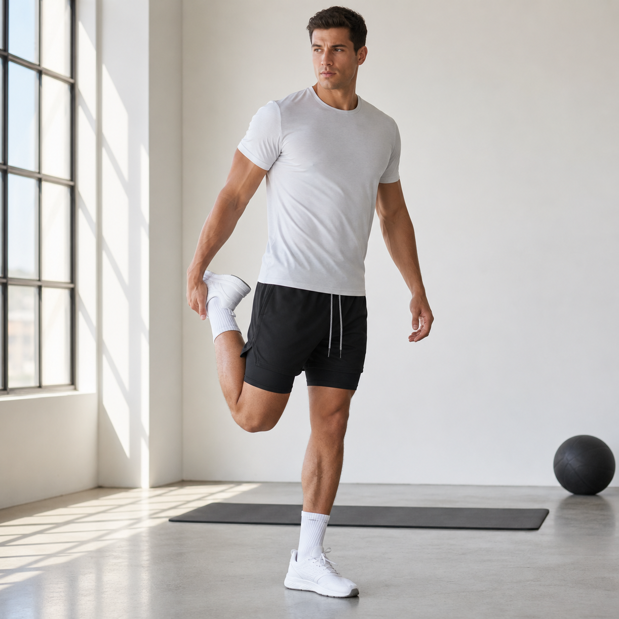 Plain 2-in-1 athletic shorts during an indoor warm-up