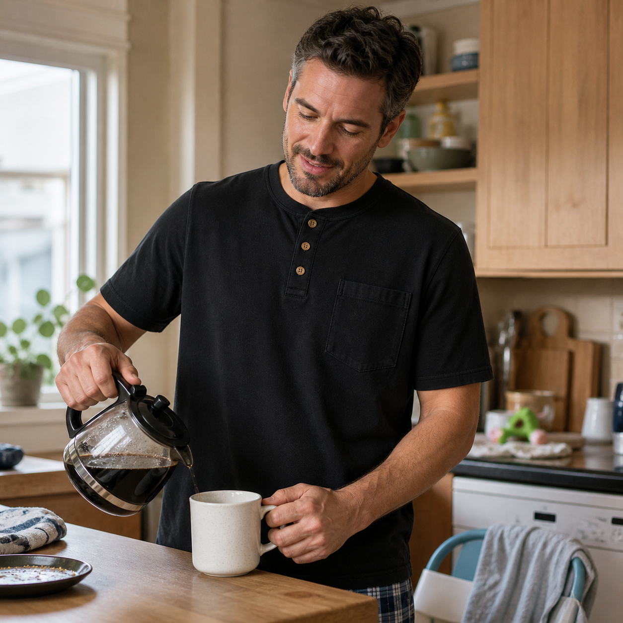 Black pocket Henley in a bright kitchen