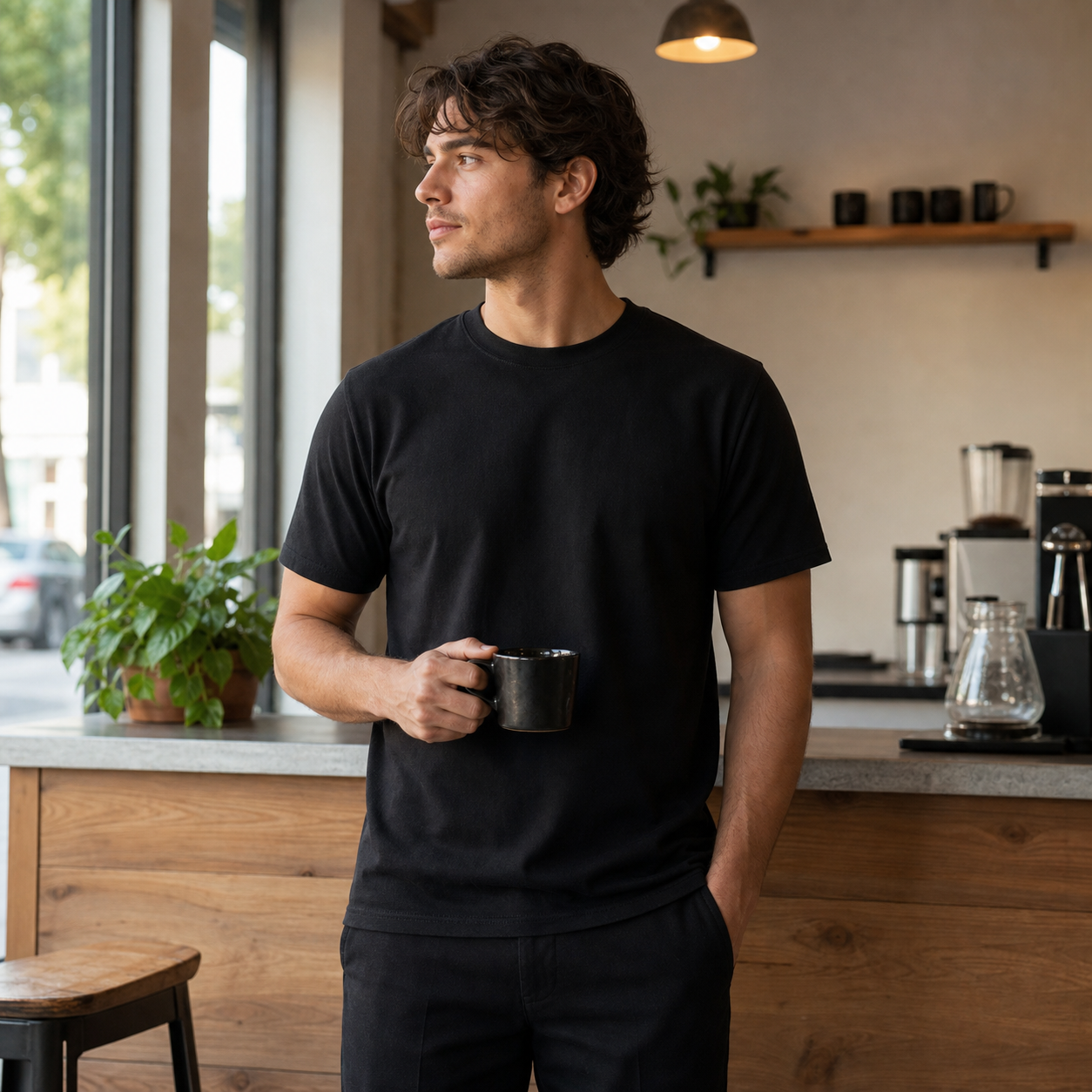 Black heavyweight classic-fit T-shirt at a coffee shop