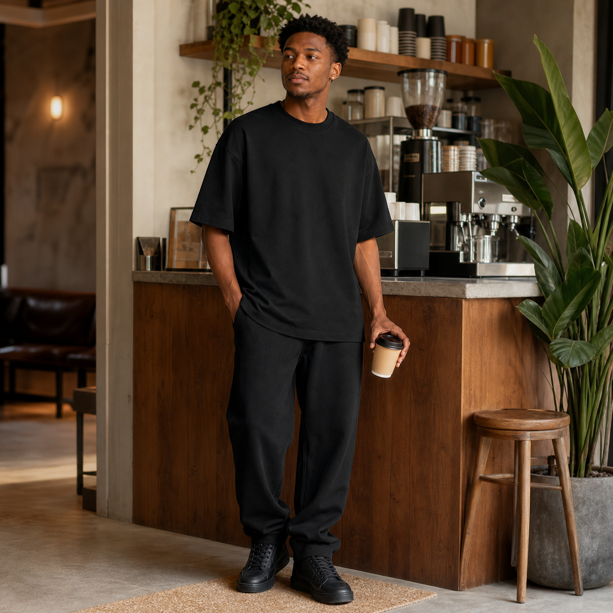 Black heavyweight oversized cotton T-shirt at a coffee shop
