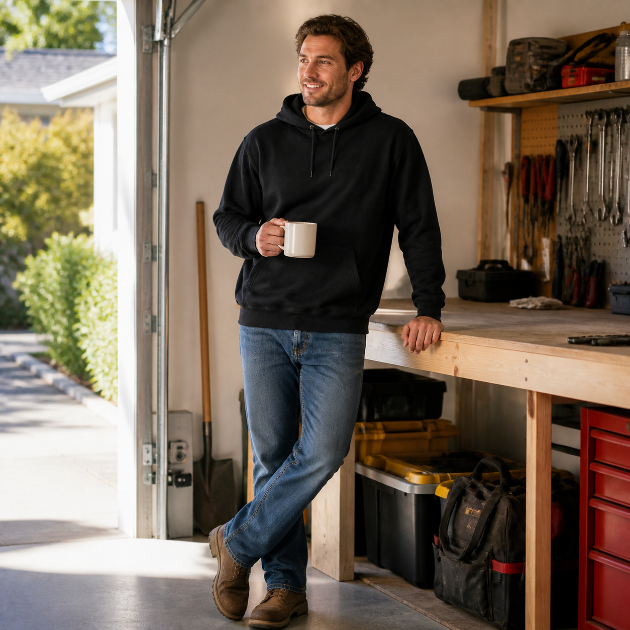Black pullover hoodie in a residential garage