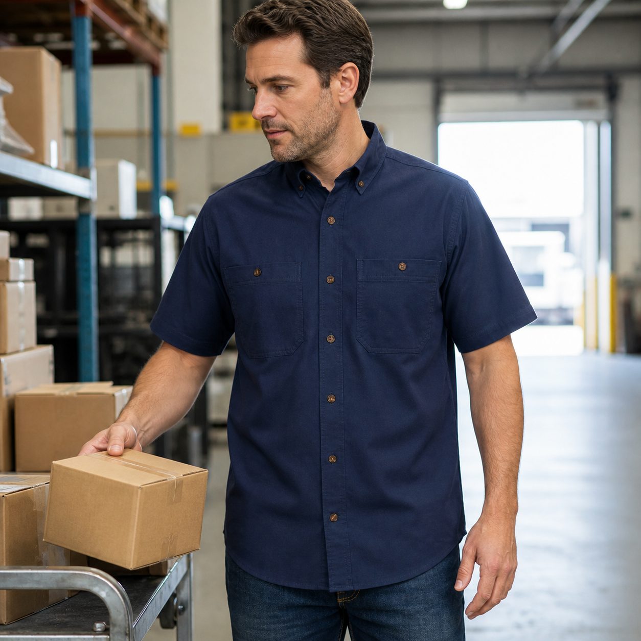 Deep Work Navy dual-pocket button-down work shirt in a warehouse receiving area